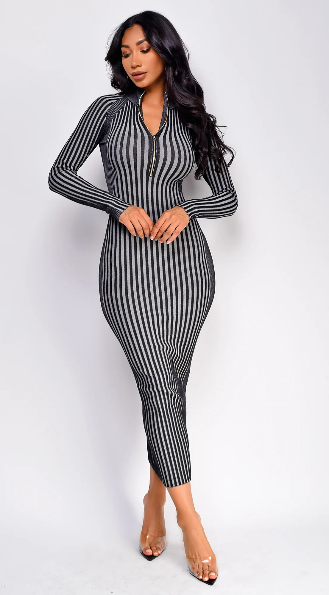 Amara Two Tone Front Zipper Maxi Dress - Gray