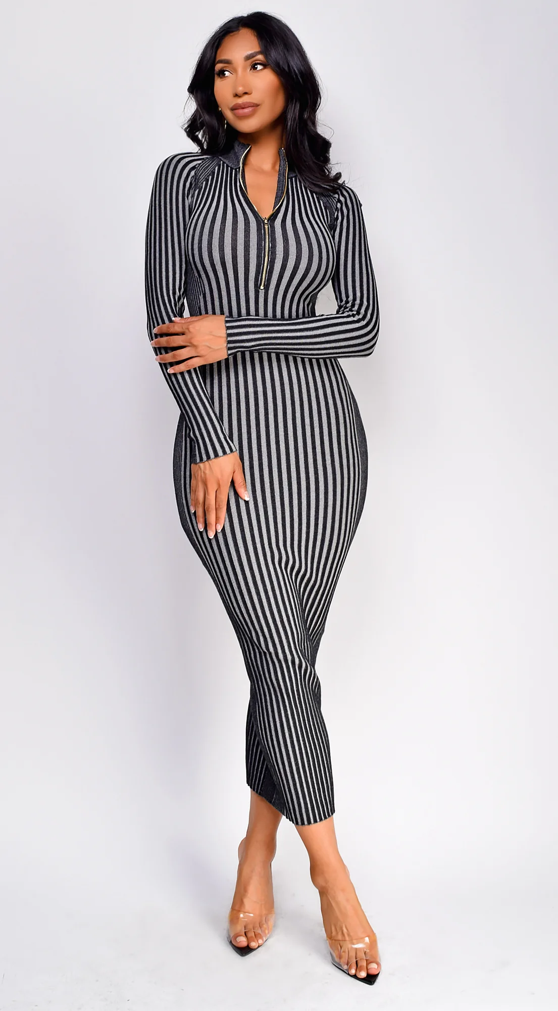 Amara Two Tone Front Zipper Maxi Dress - Gray - Image 2