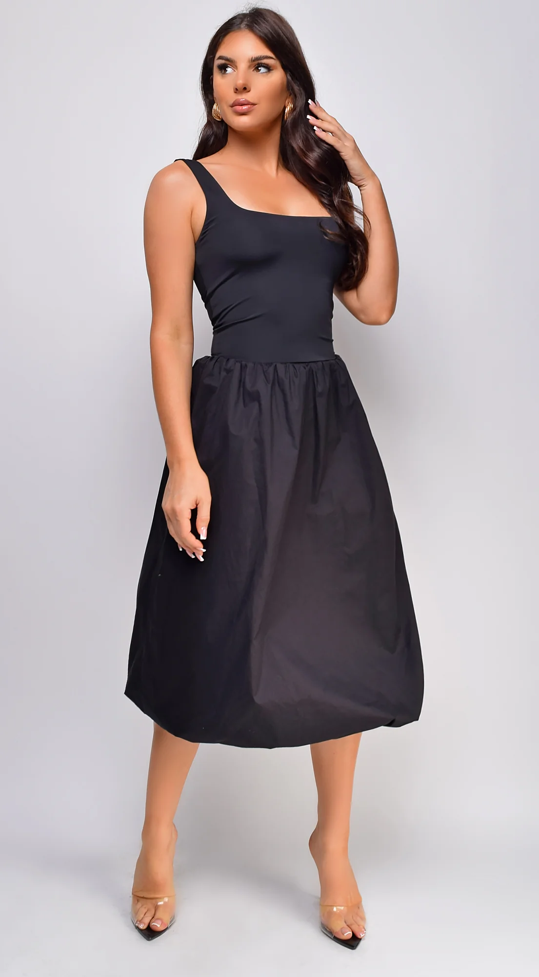 Branka Mixed Media Balloon Midi Dress - Black - Image 3