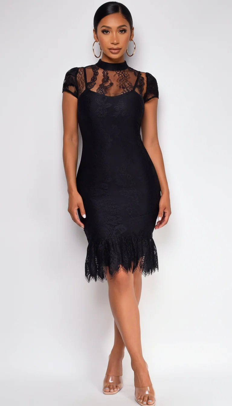 Caspia Black Lace Bandage Midi Dress - Image 2