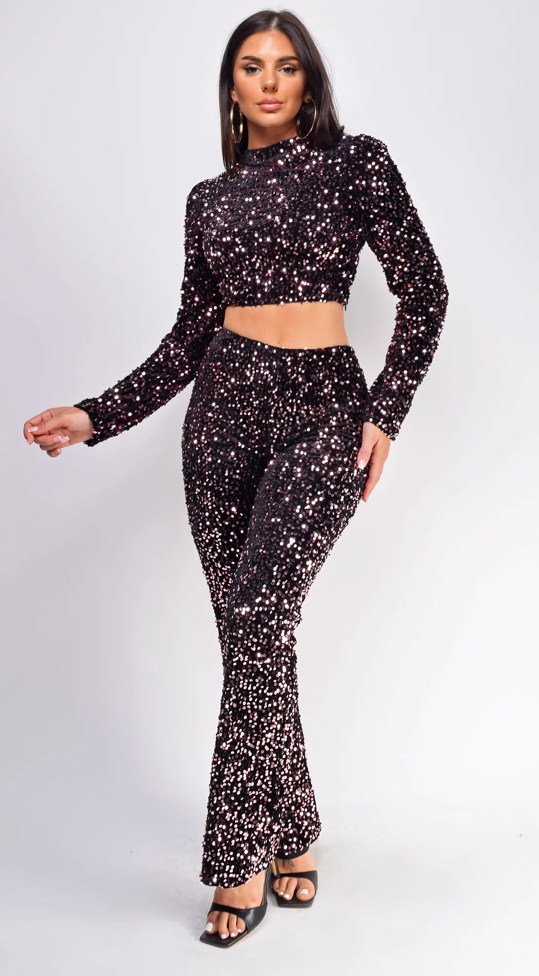 Ceren Black Pink Velvet Sequin Pants Set - Image 2