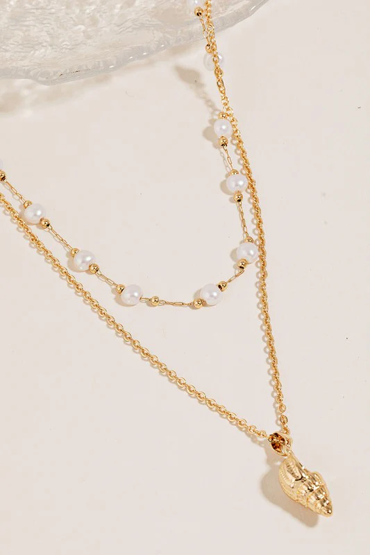 Conch Charm Pearl Beads Layered Necklace - Gold - Image 5