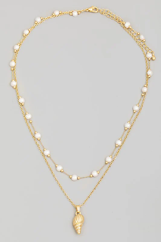 Conch Charm Pearl Beads Layered Necklace - Gold - Image 6