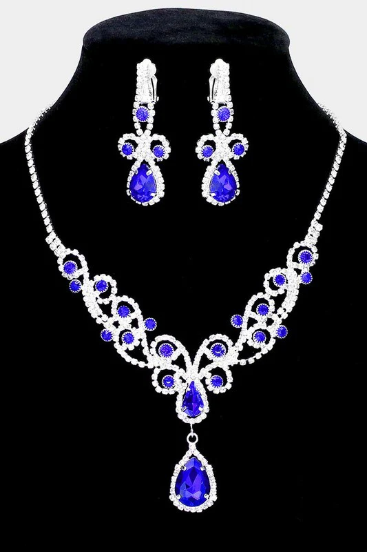 Confidence Blue Teardrop Crystal Rhinestone Vine Drop Collar Necklace & Clip on Earrings Set - Image 2