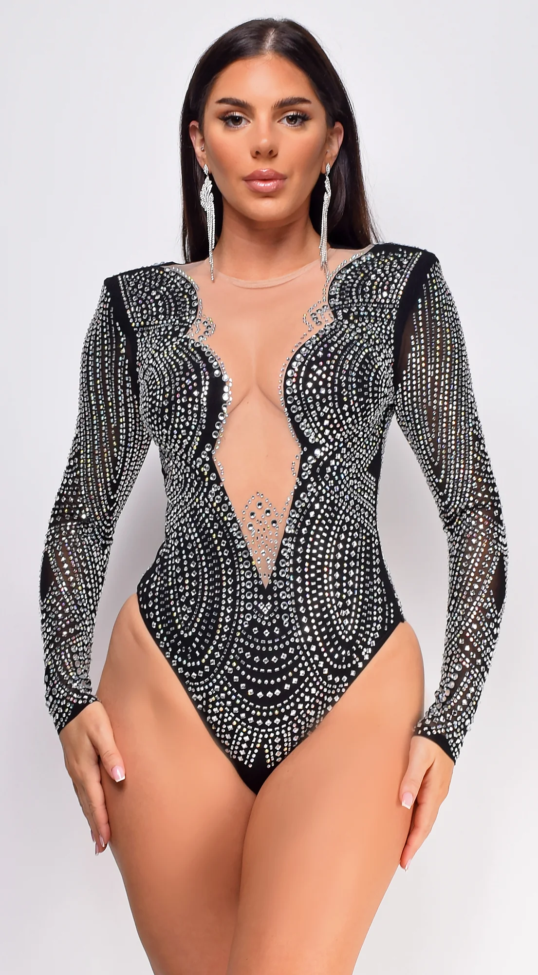 Daphne Black Mesh Rhinestone Bodysuit - Image 3
