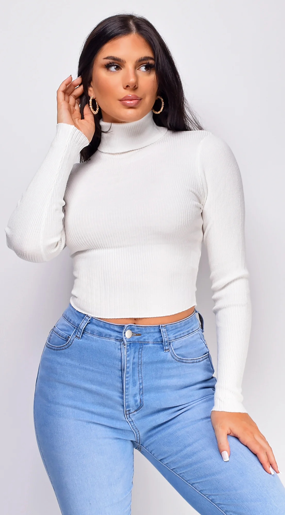Delaney White Ribbed Turtle Neck Crop Top - Image 4