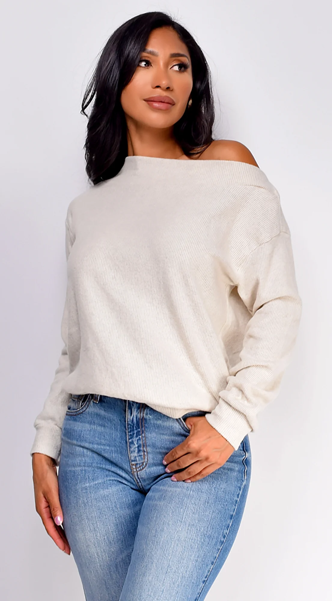 Edna Off Shoulder Sweater Top - Cream - Image 3