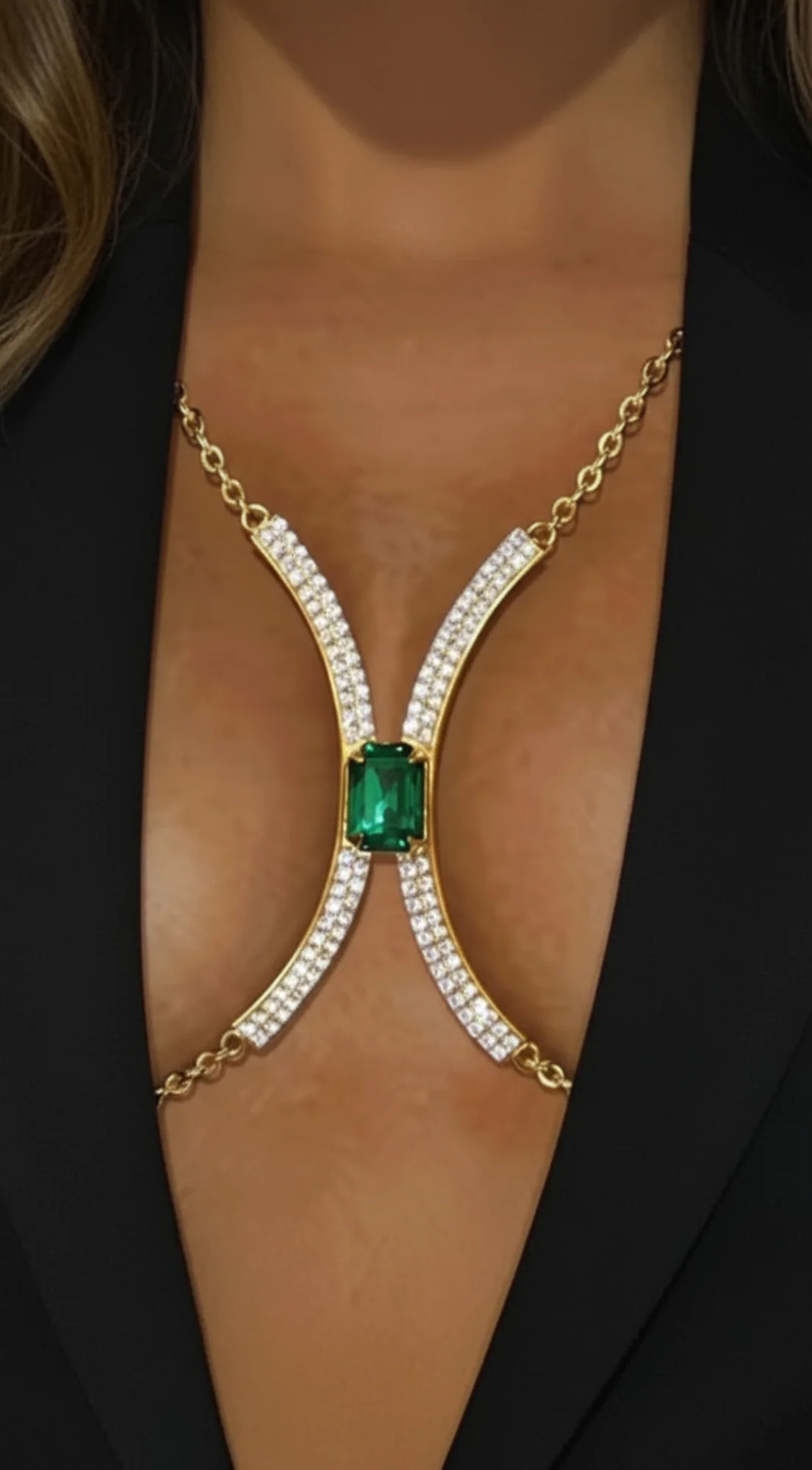 Elara Crystal Green Gem Bra Chain - Gold - Image 3