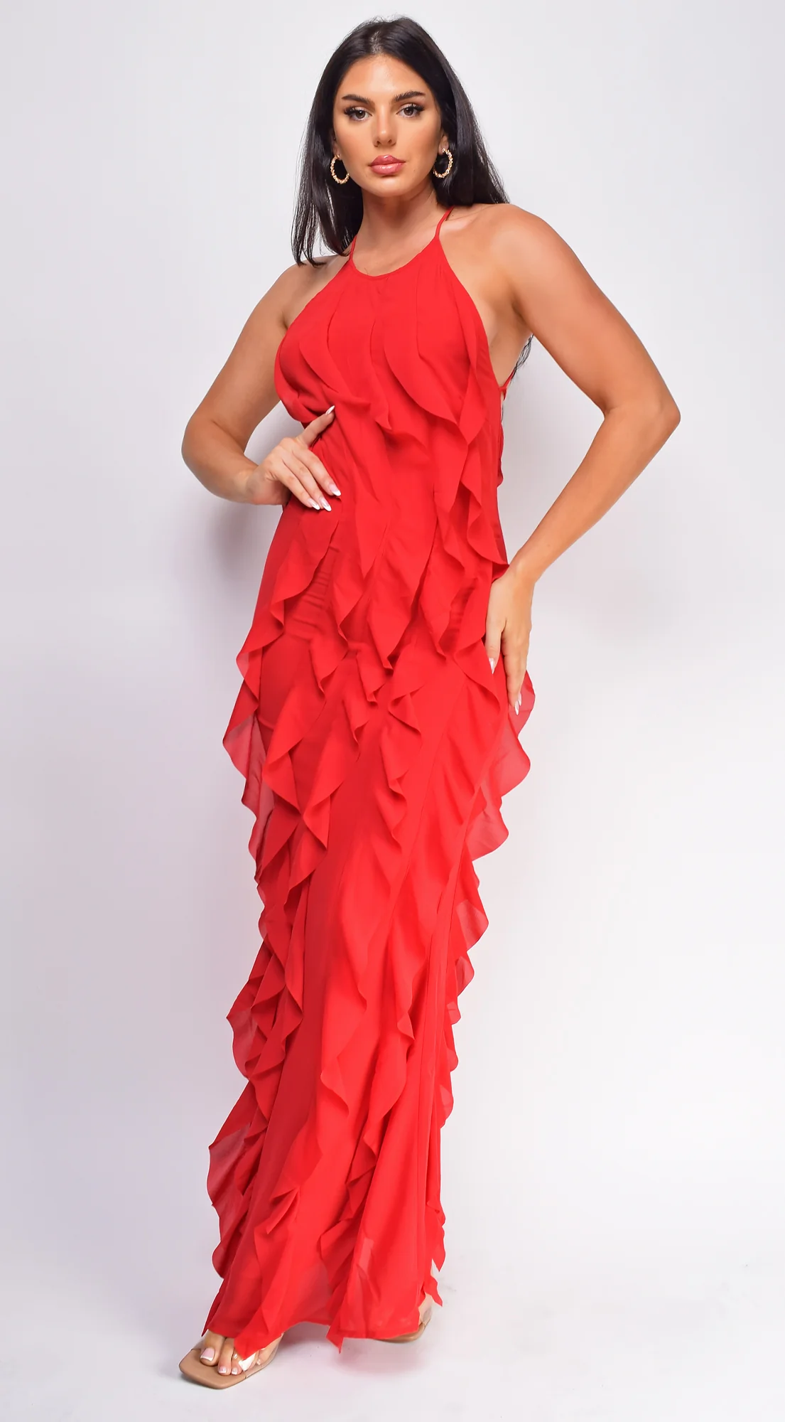 Erma Halter Ruffle Maxi Dress - Red - Image 4