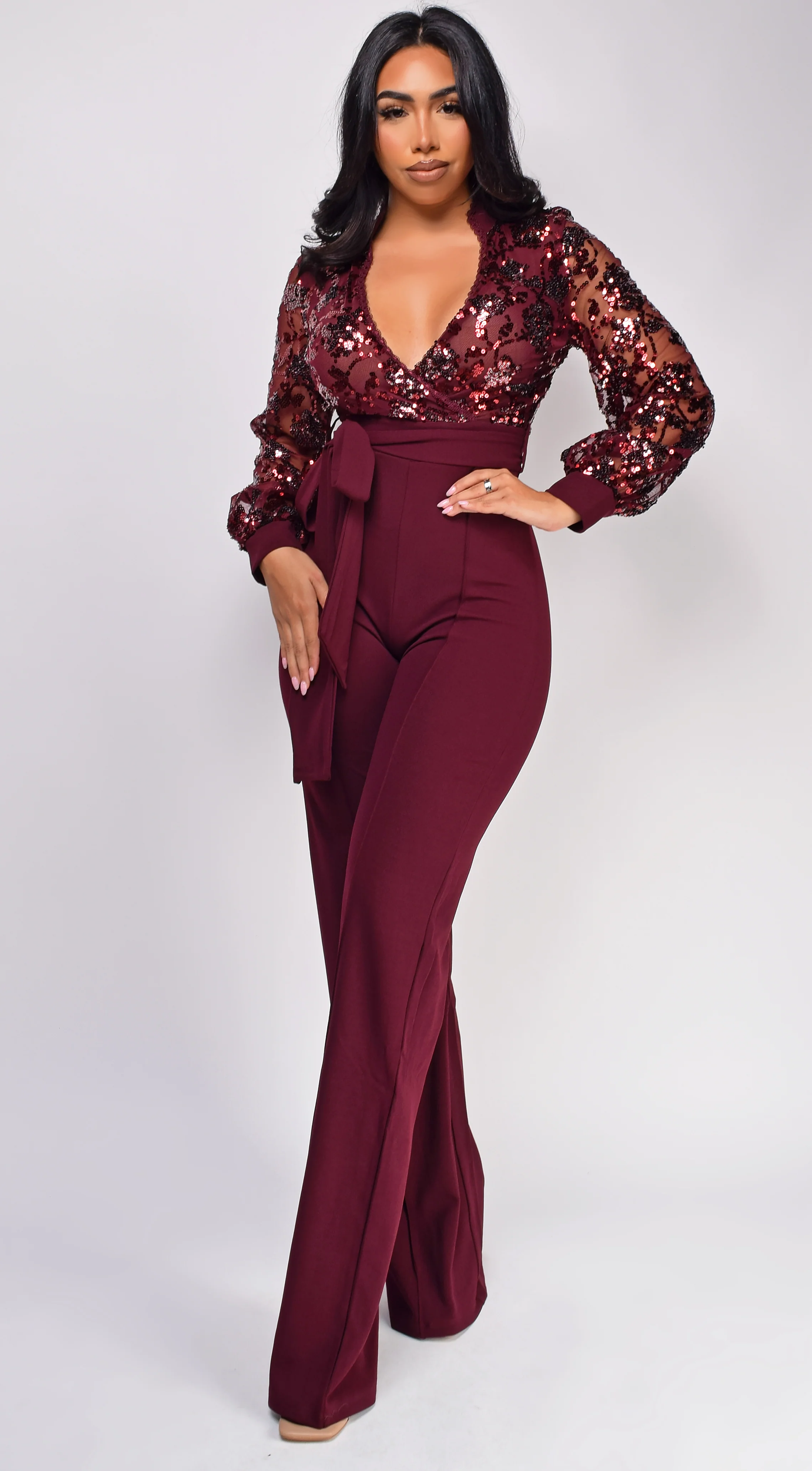 Eve Wine Red Sequin Jumpsuit - Image 3