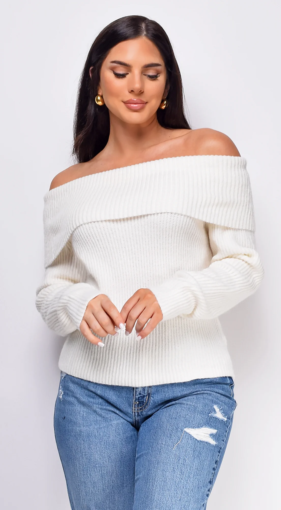 Fayola Ivory White Off Shoulder Sweater Top - Image 3