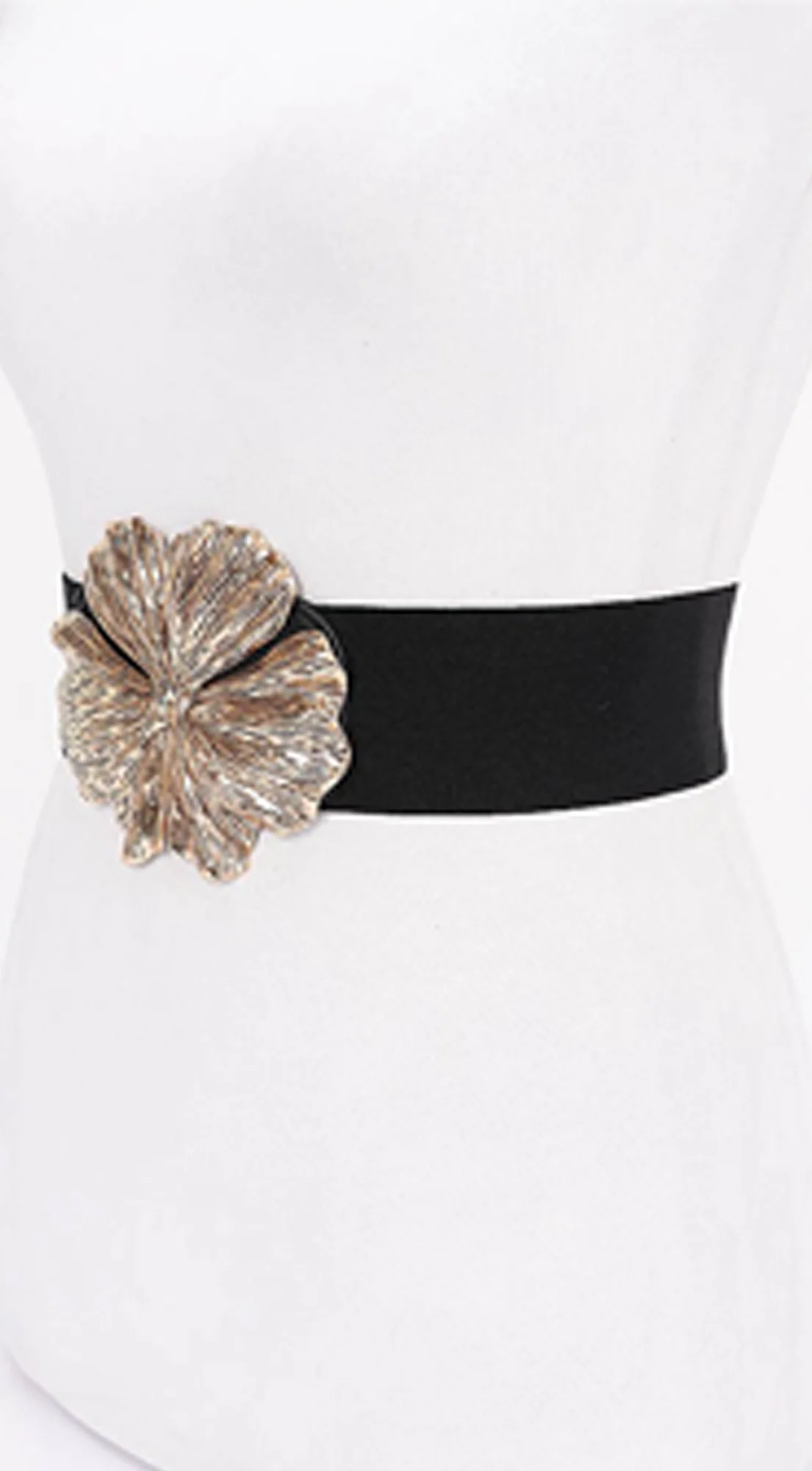Fia Flower Gold Metal Buckle Elastic Belt - Black - Image 3