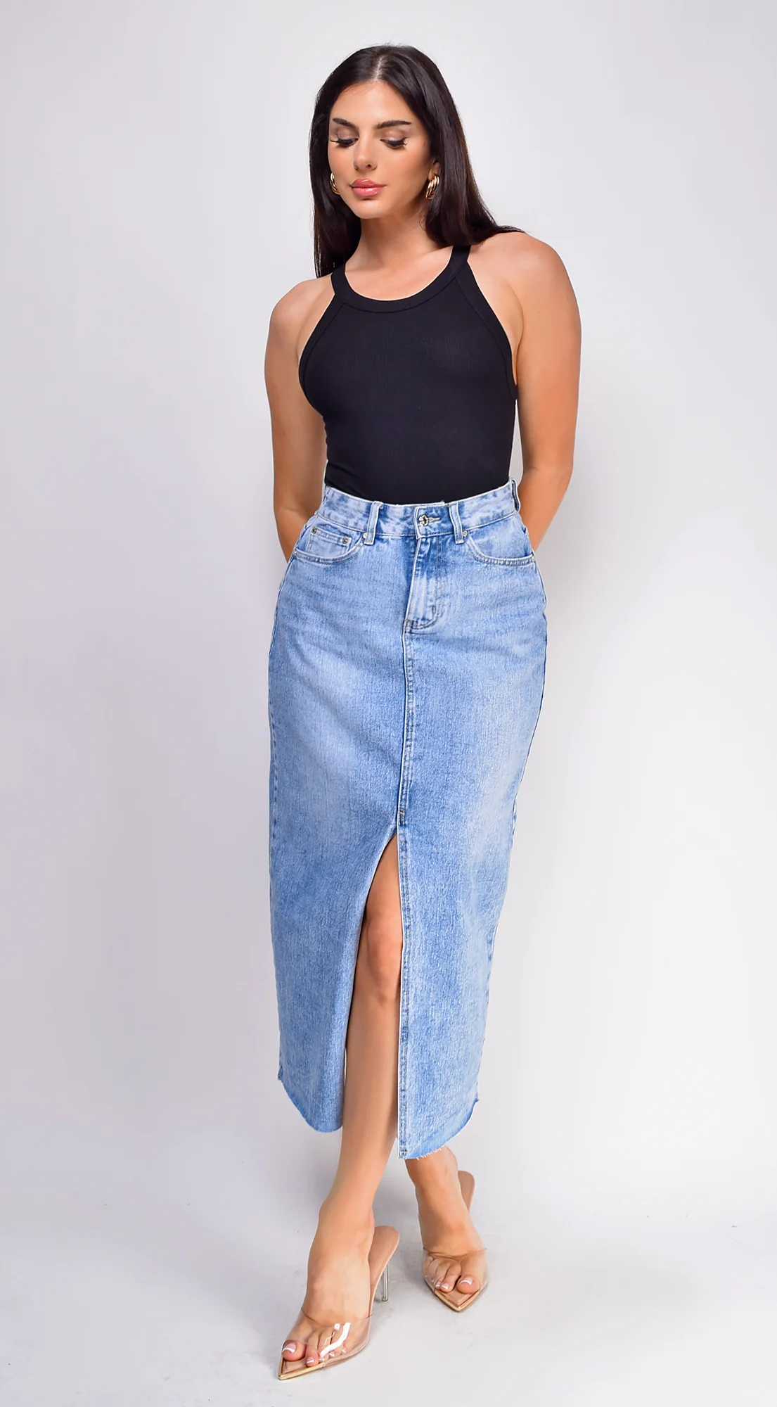 Frances High Rise Denim Midi Skirt - Blue - Image 4