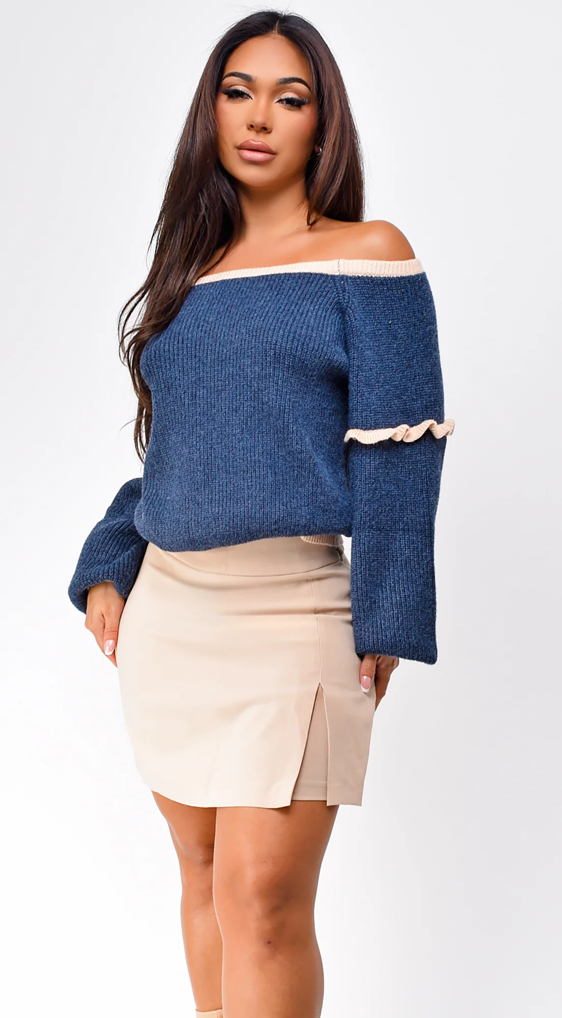 Frankfurt Off Shoulder Sweater Top - Blue - Image 7