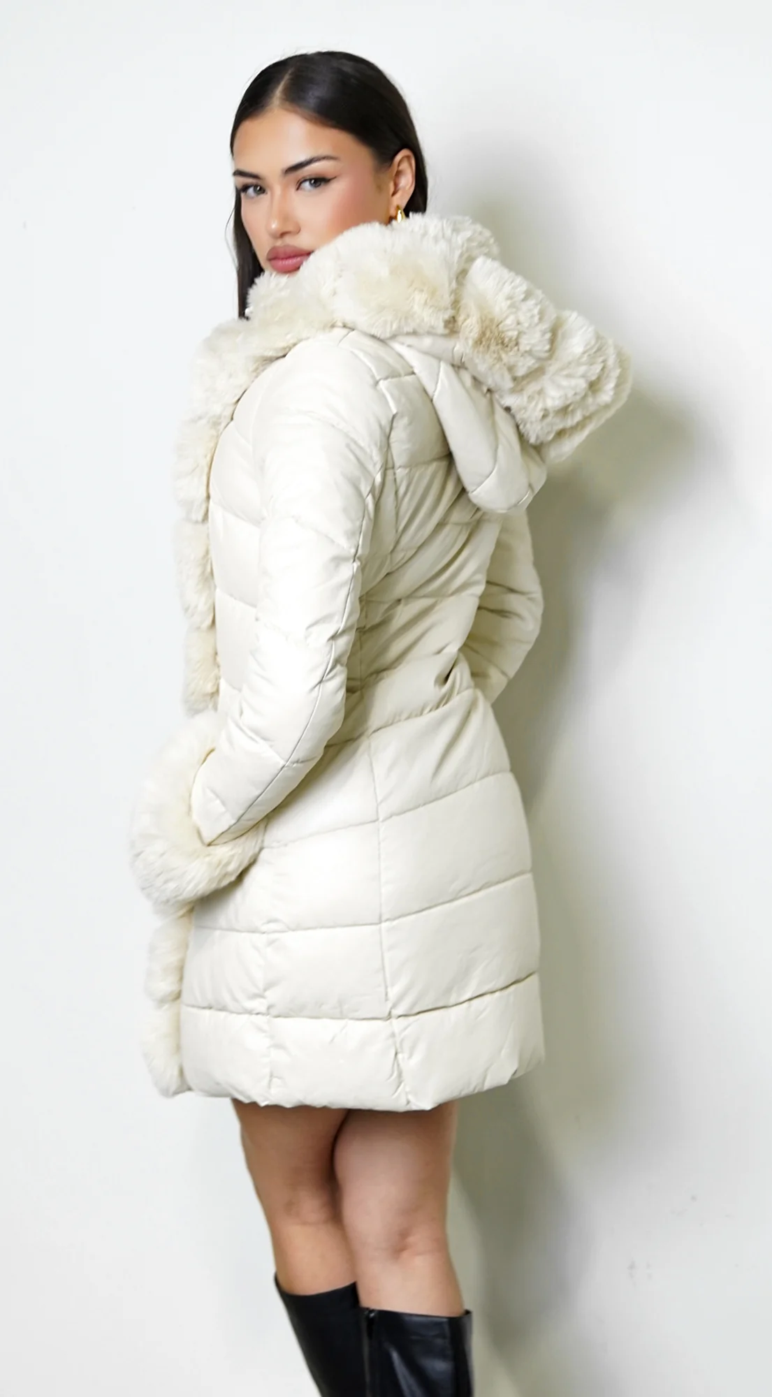Glacier PU Puffer Fur Jacket - Cream - Image 3