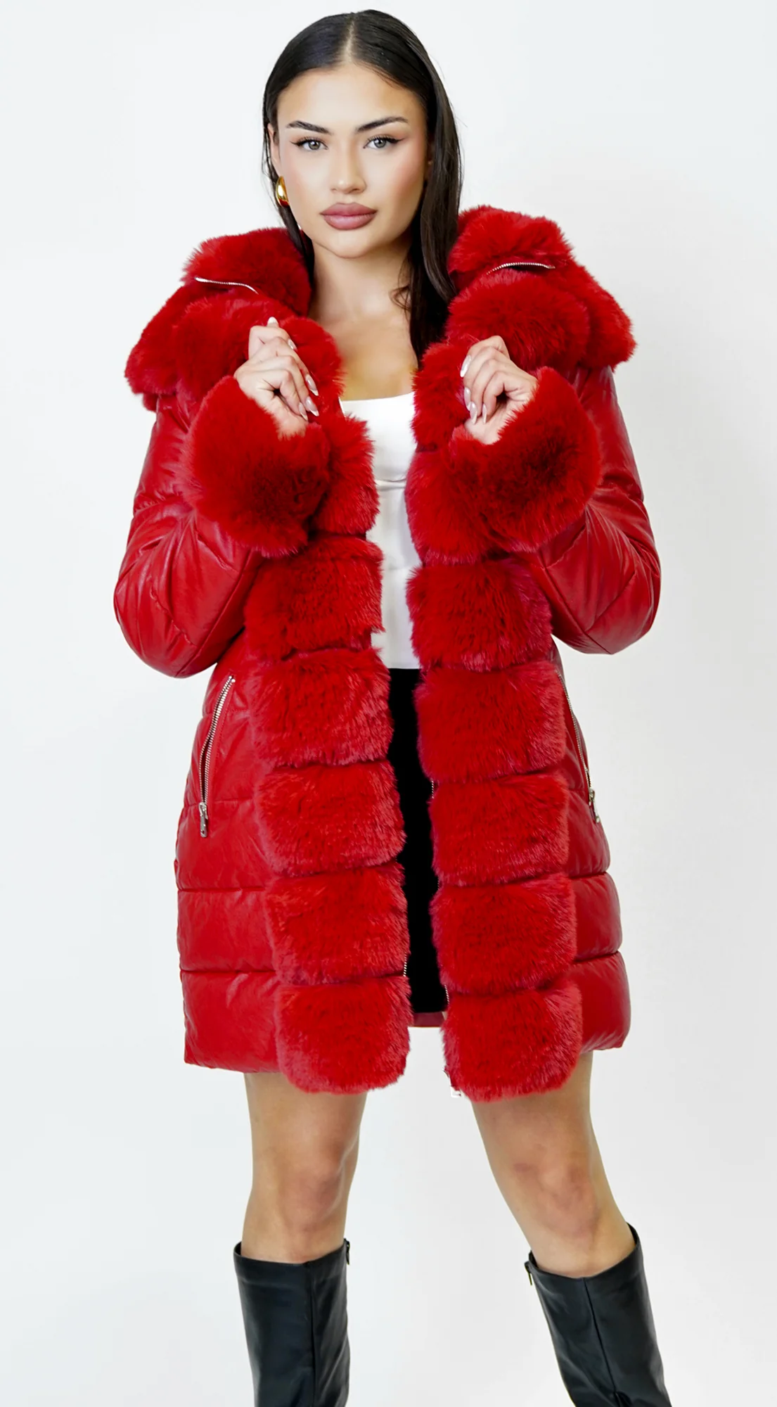 Glacier PU Puffer Fur Jacket - Red - Image 4