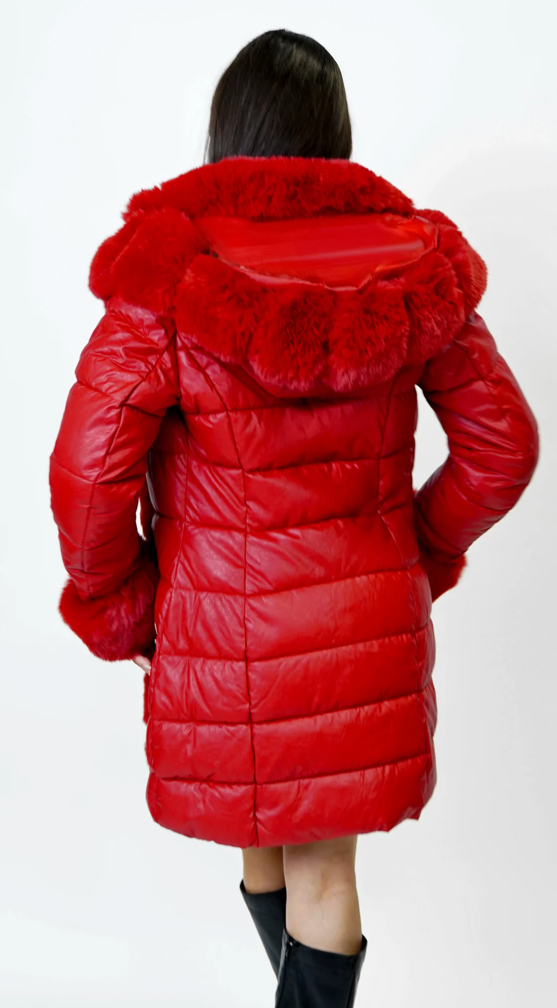 Glacier PU Puffer Fur Jacket - Red - Image 5