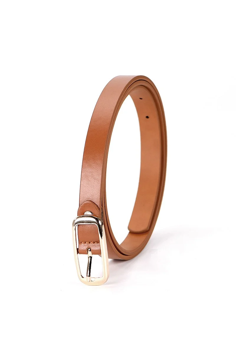 Gold Buckle Thin Belt - Brown - Image 3