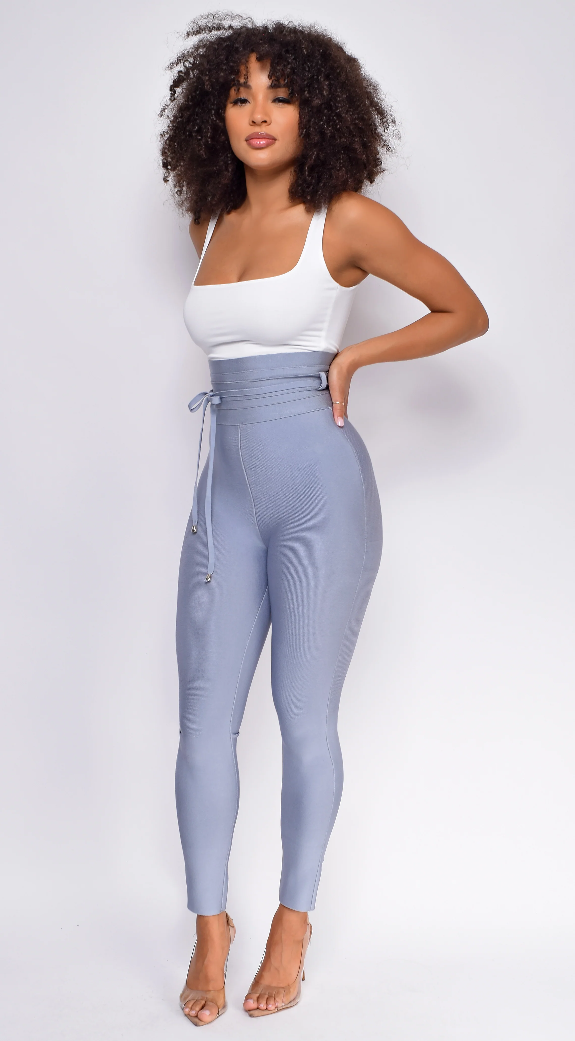 Hara Blue Gray High Waist Belted Bandage Pants - Image 2