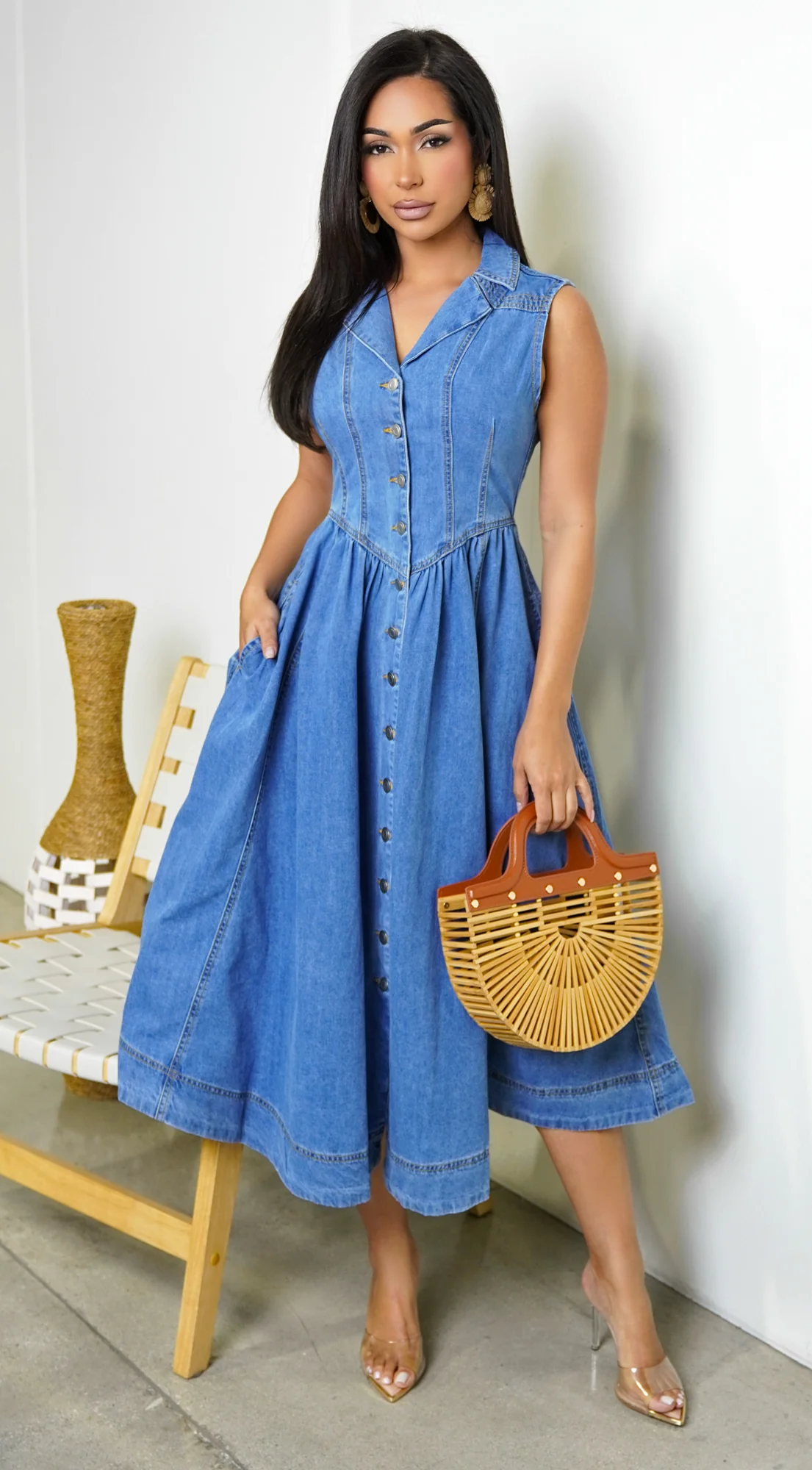 Hope Sleeveless Denim Midi Dress - Blue - Image 2