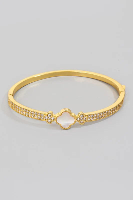 Imy Gold Plated Pearl Cubic Zirconia Clover Bangle Bracelet - Gold - Image 6