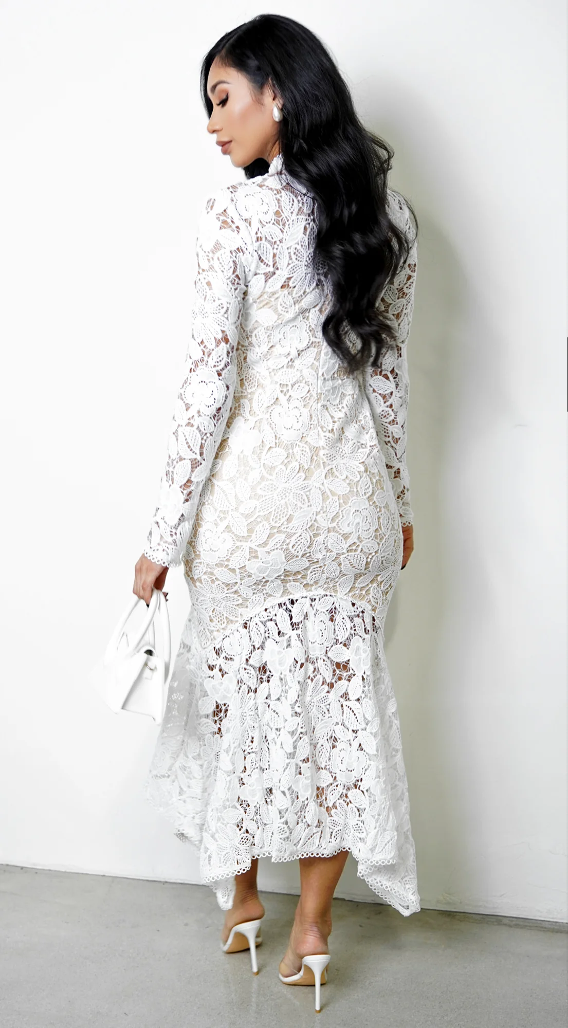 Ishani Mock Neck Lace Midi Dress - White - Image 6
