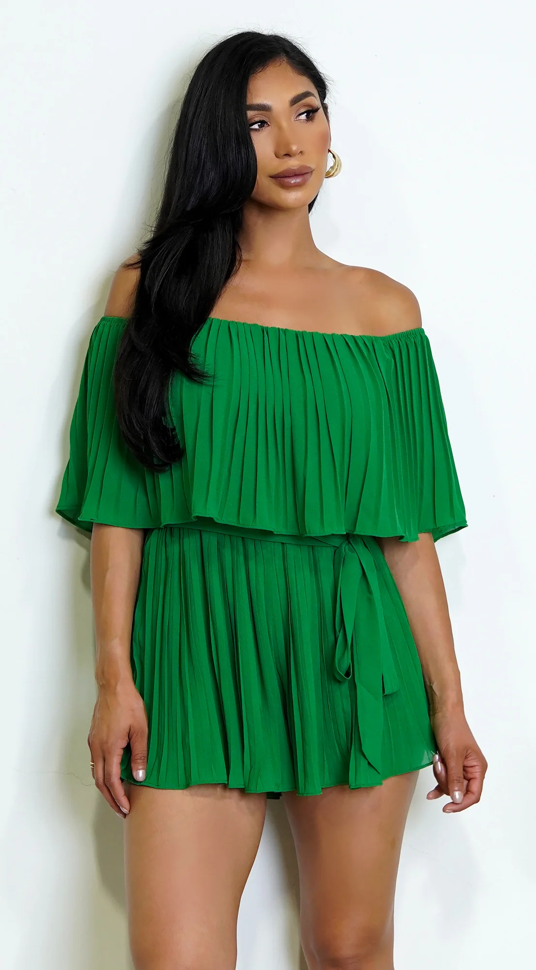 Jazmin Off Shoulder Pleated Romper - Green - Image 5