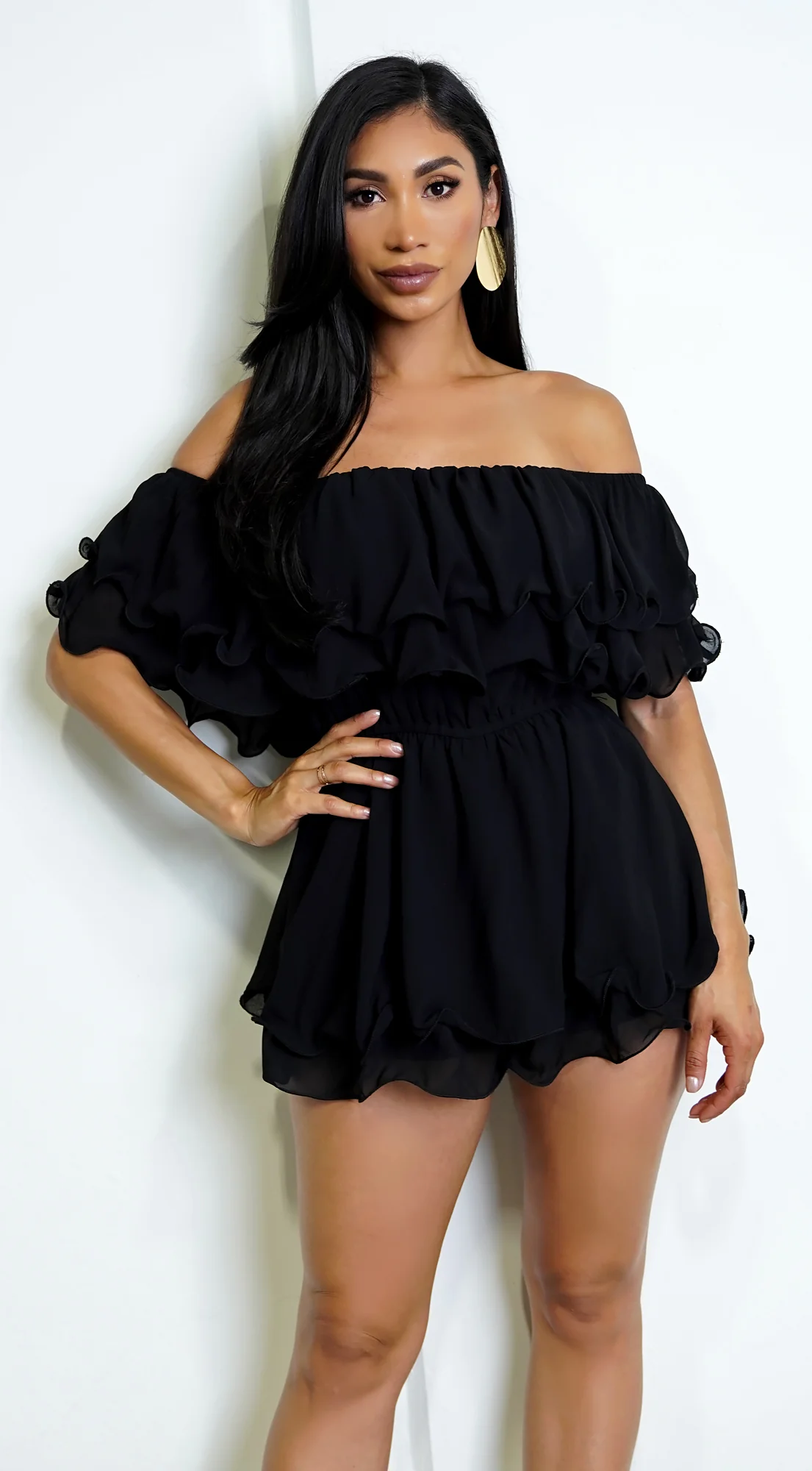 Karli Off Shoulder Ruffled Romper - Black - Image 3