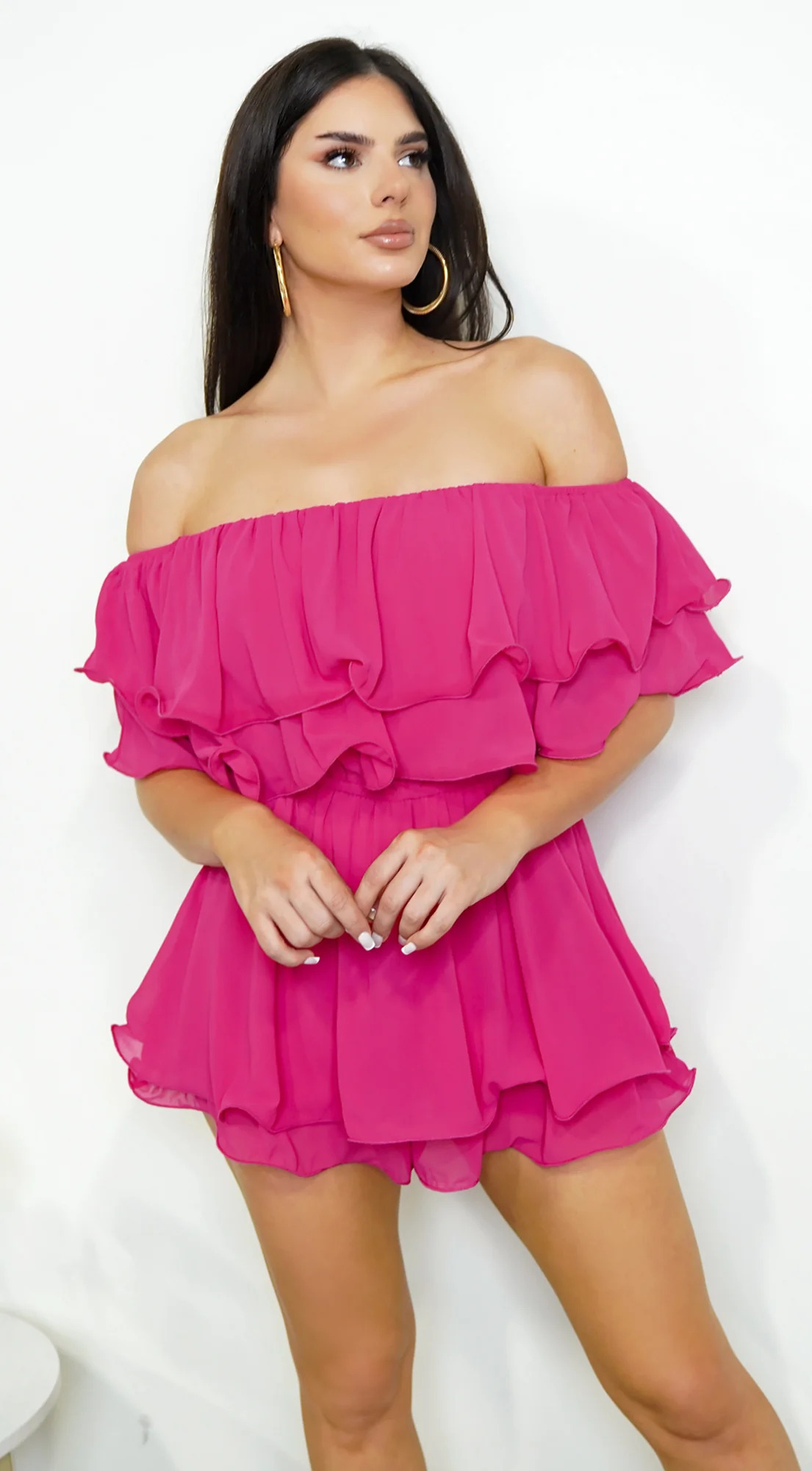 Karli Off Shoulder Ruffled Romper - Pink - Image 4