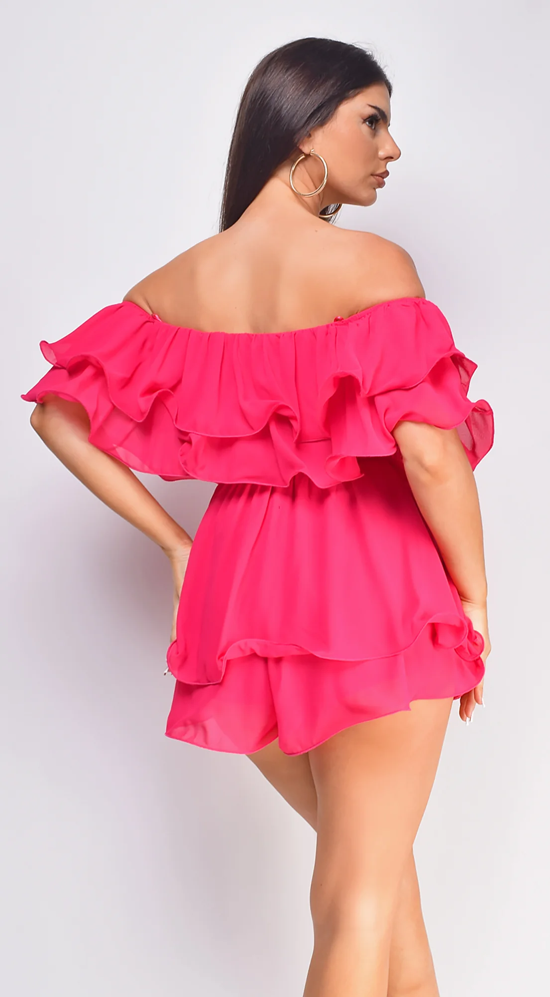 Karli Off Shoulder Ruffled Romper - Pink - Image 6