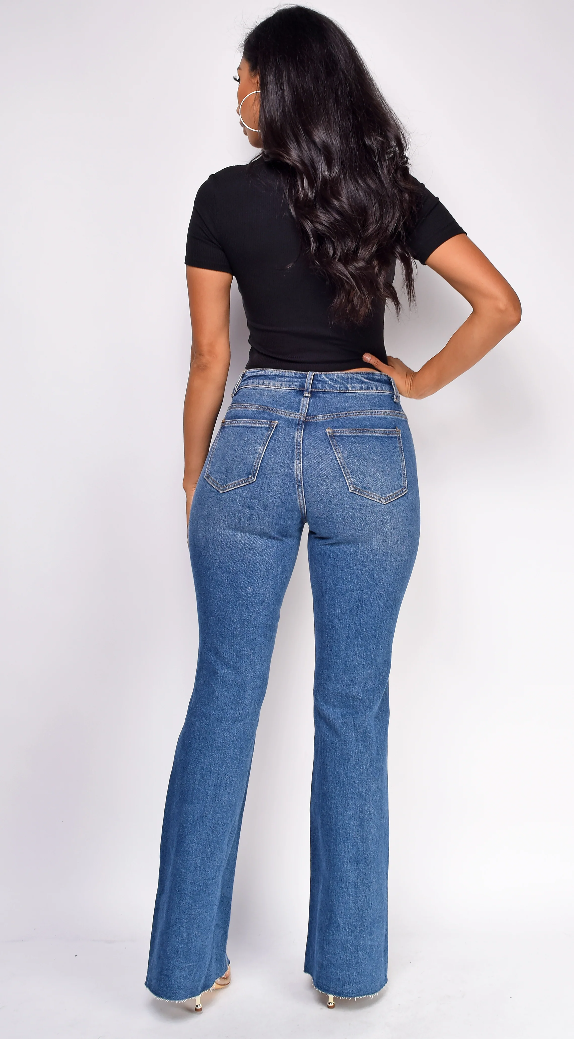 Kindra Blue Dark Wash Distressed Flared Denim Jeans - Image 3