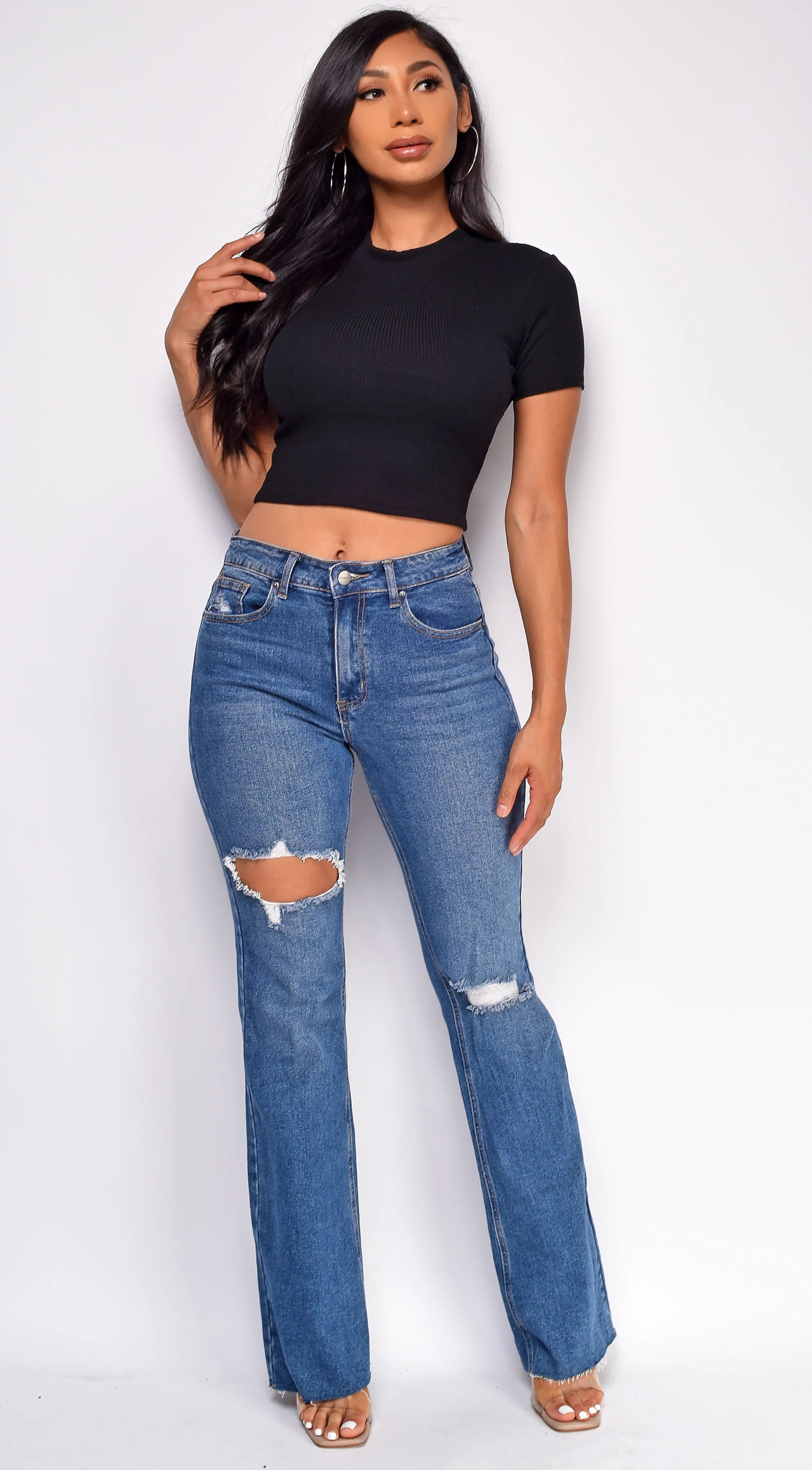 Kindra Blue Dark Wash Distressed Flared Denim Jeans - Image 6