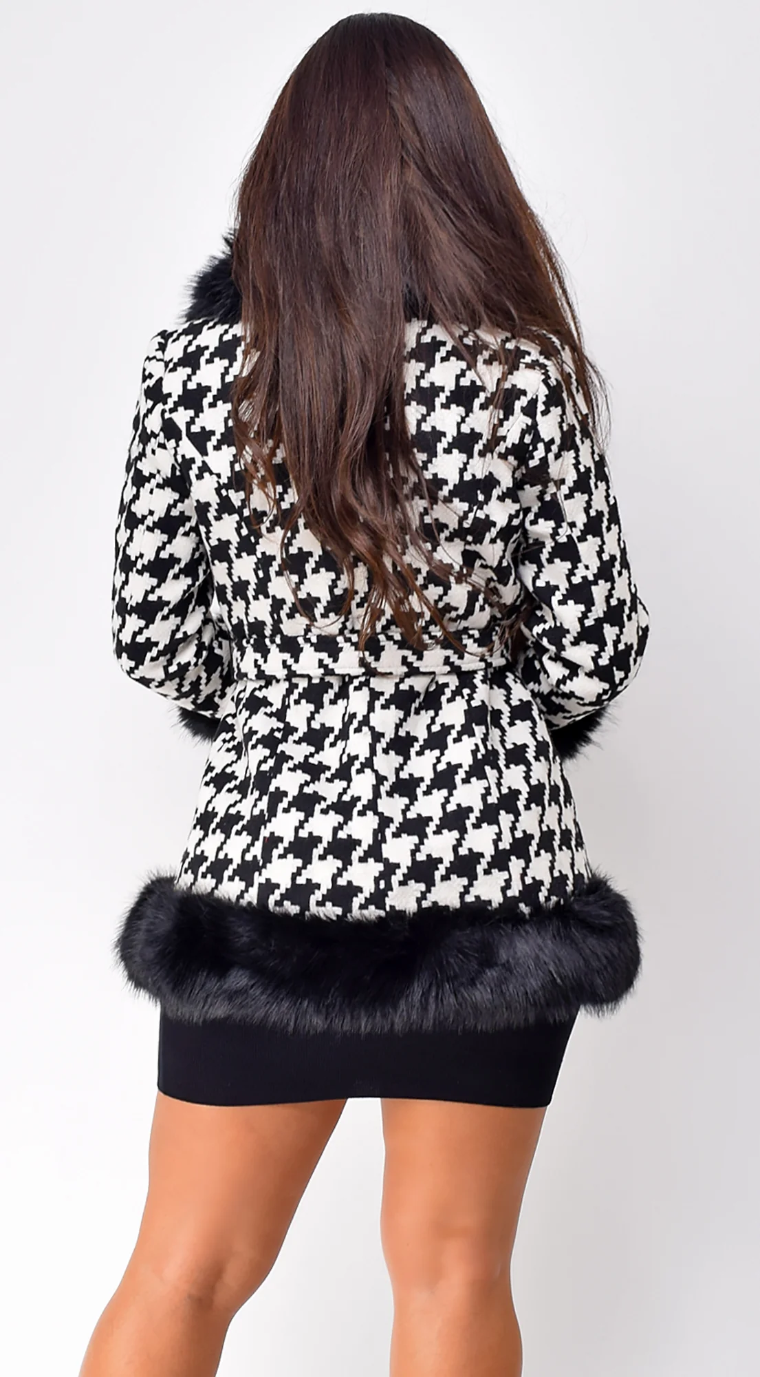 Korinna Houndstooth Faux Fur Coat - Black - Image 3
