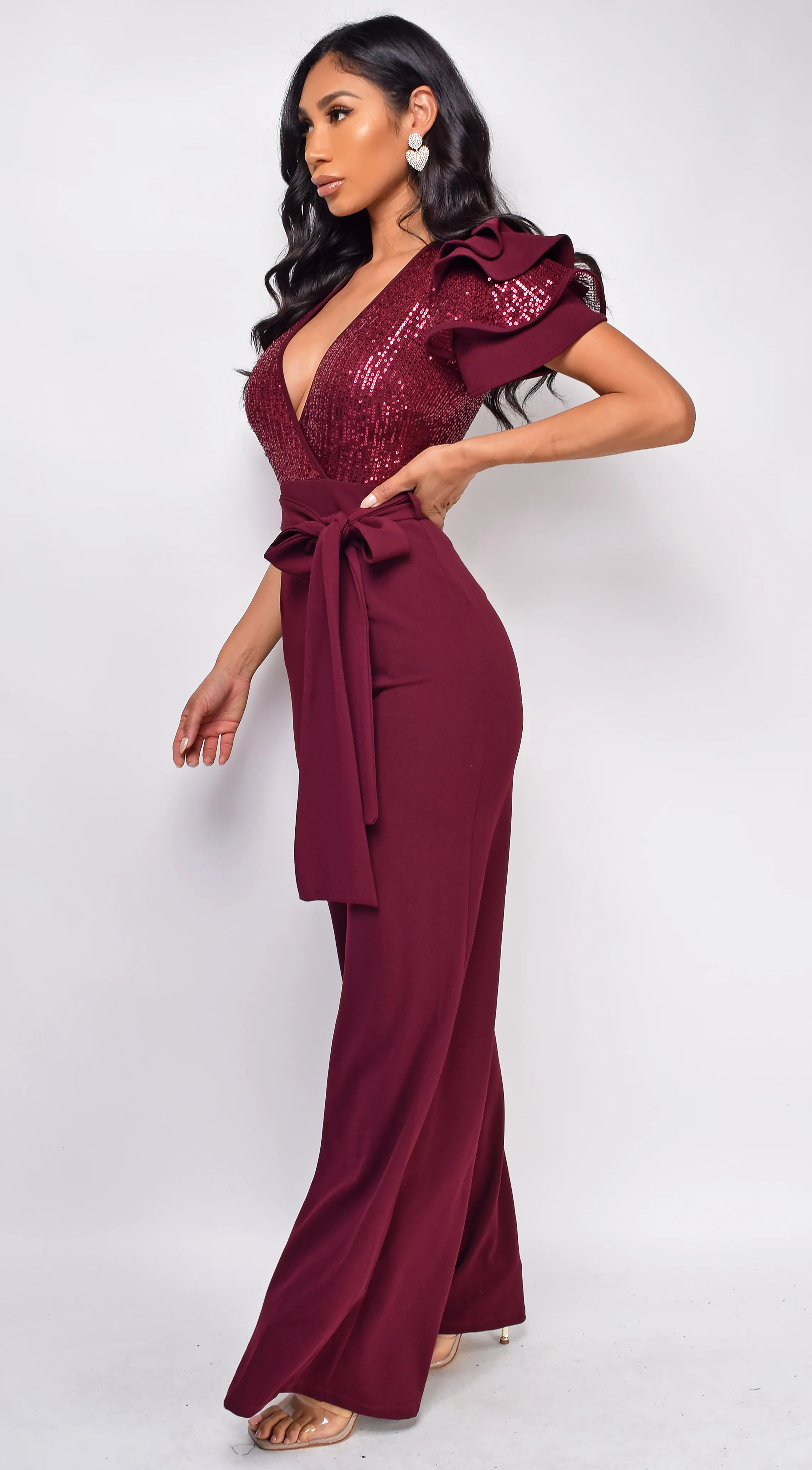 Laila Burgundy Red Sequin Jumpsuit - Image 2