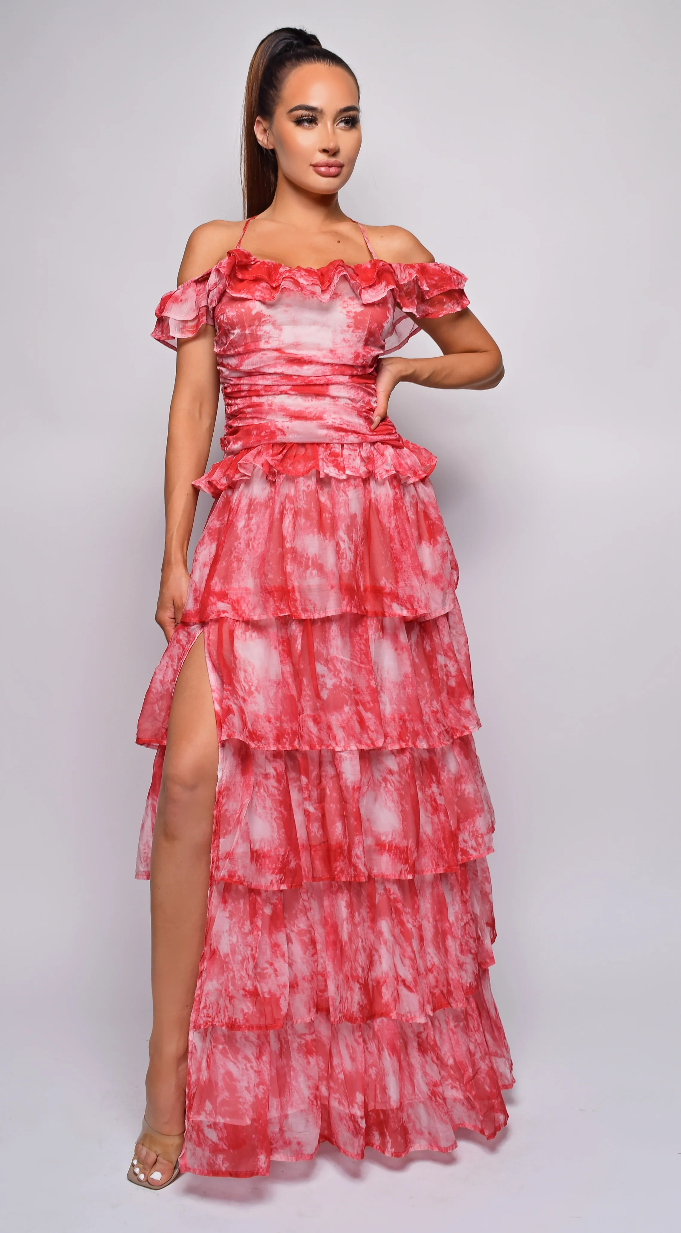 Lavera Red Tie Dye Ruffle Side Slit Maxi Dress - Image 2