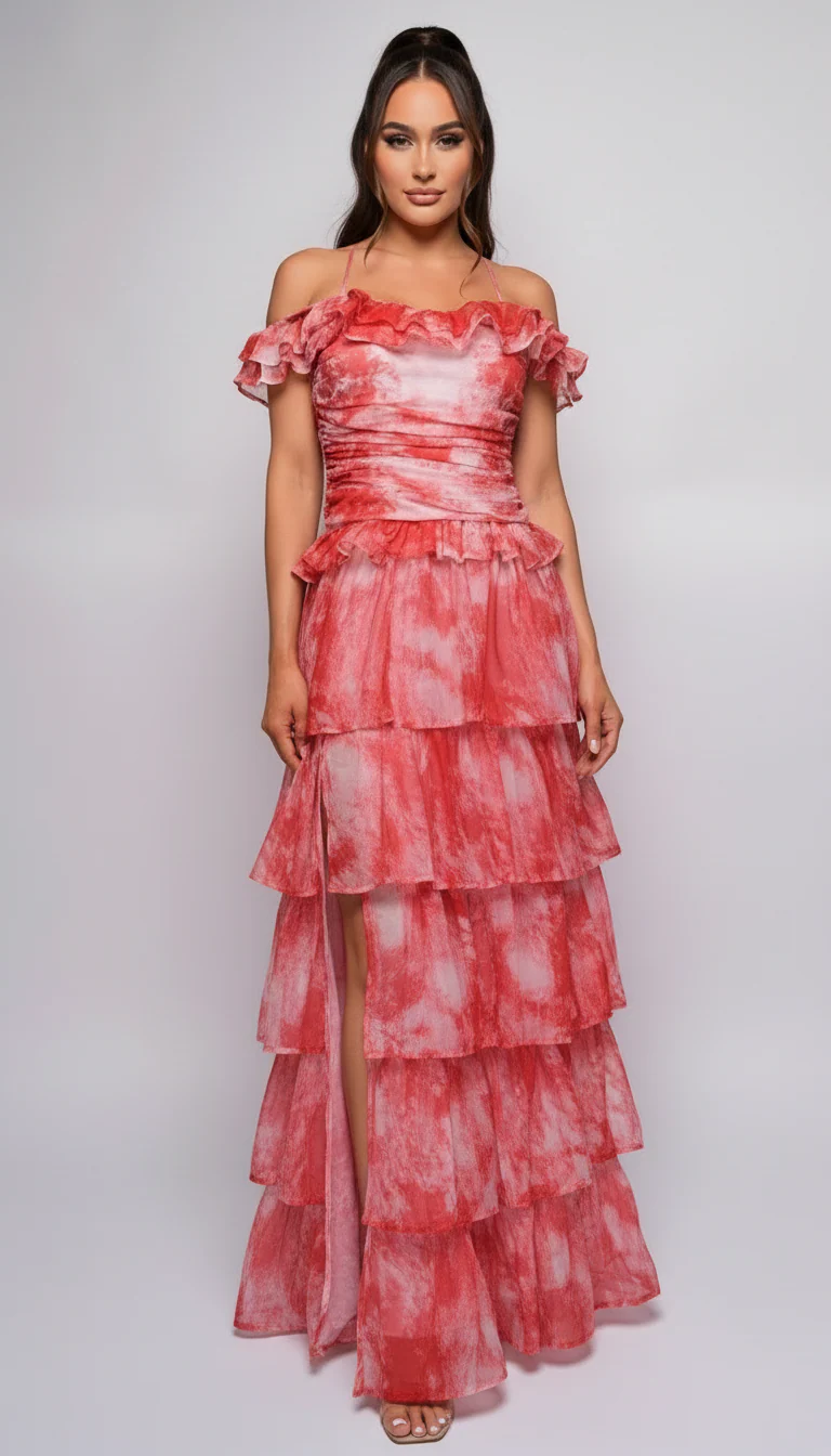 Lavera Red Tie Dye Ruffle Side Slit Maxi Dress - Image 4