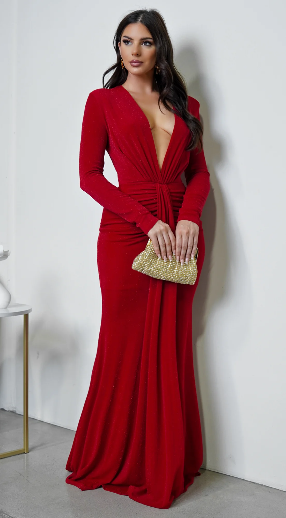 Leilani Metallic Ruched Deep V Maxi Dress - Red - Image 4