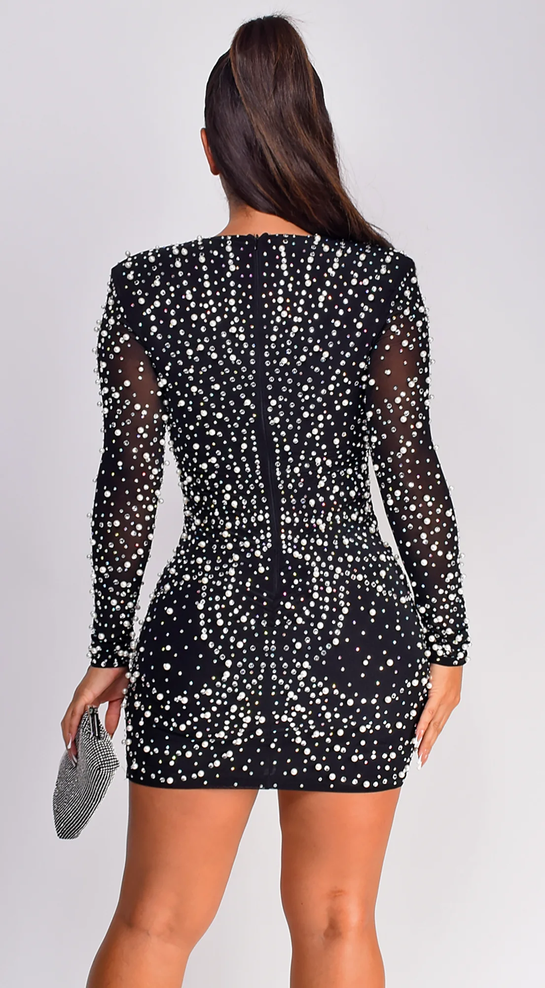 Leslie Rhinestone Pearl Mini Dress - Black - Image 5