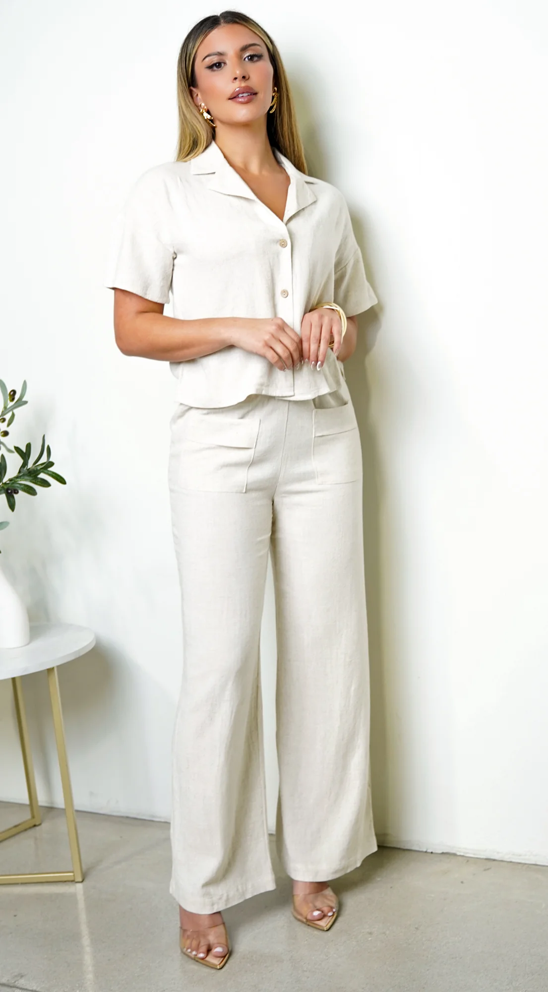 Lior Front Button Down Linen Set - Beige - Image 7