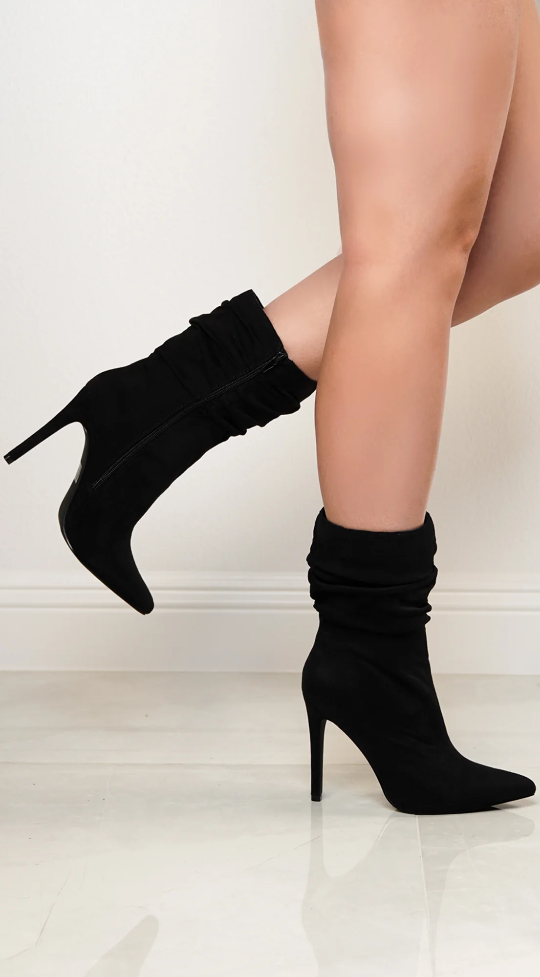 Ludovica Side Zipper Suede Pointy Toe High Heel Booties - Black - Image 3
