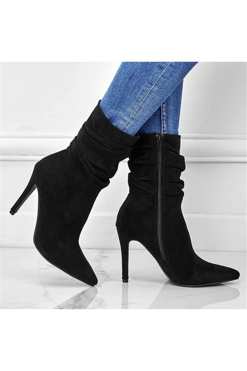 Ludovica Side Zipper Suede Pointy Toe High Heel Booties - Black - Image 5