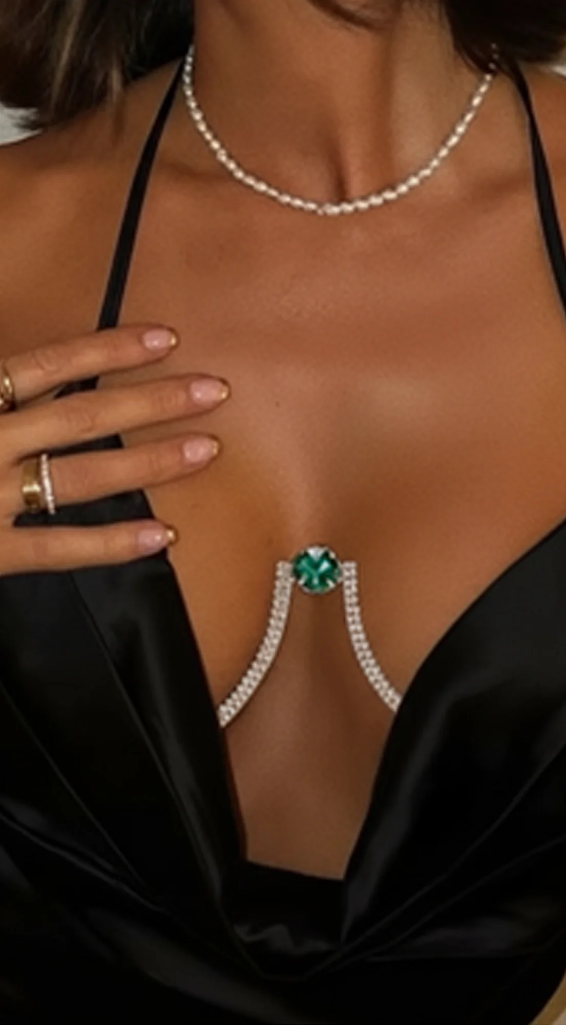 Luminous Green Crystal Bra Chain - Gold - Image 2