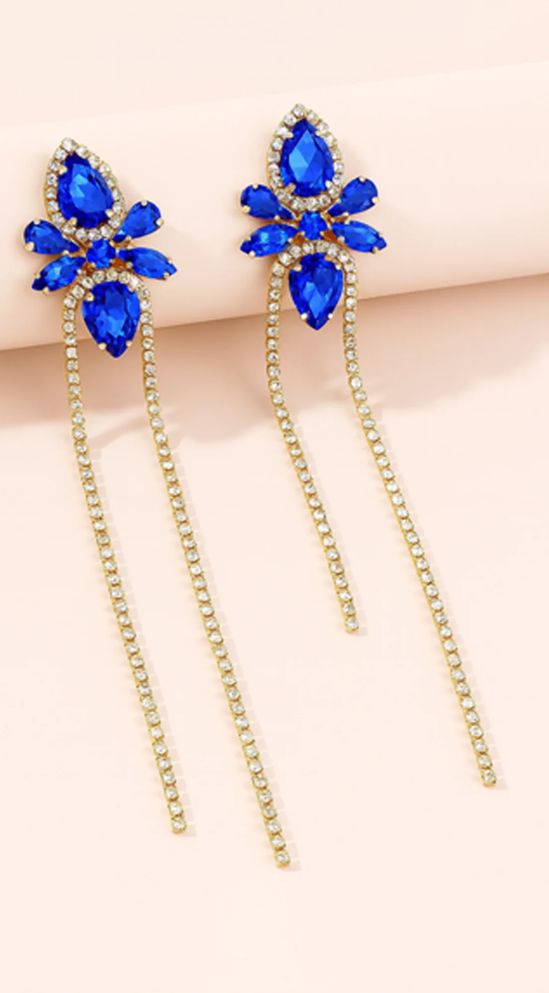 Lux Long Crystal Drop Earrings - Blue - Image 2