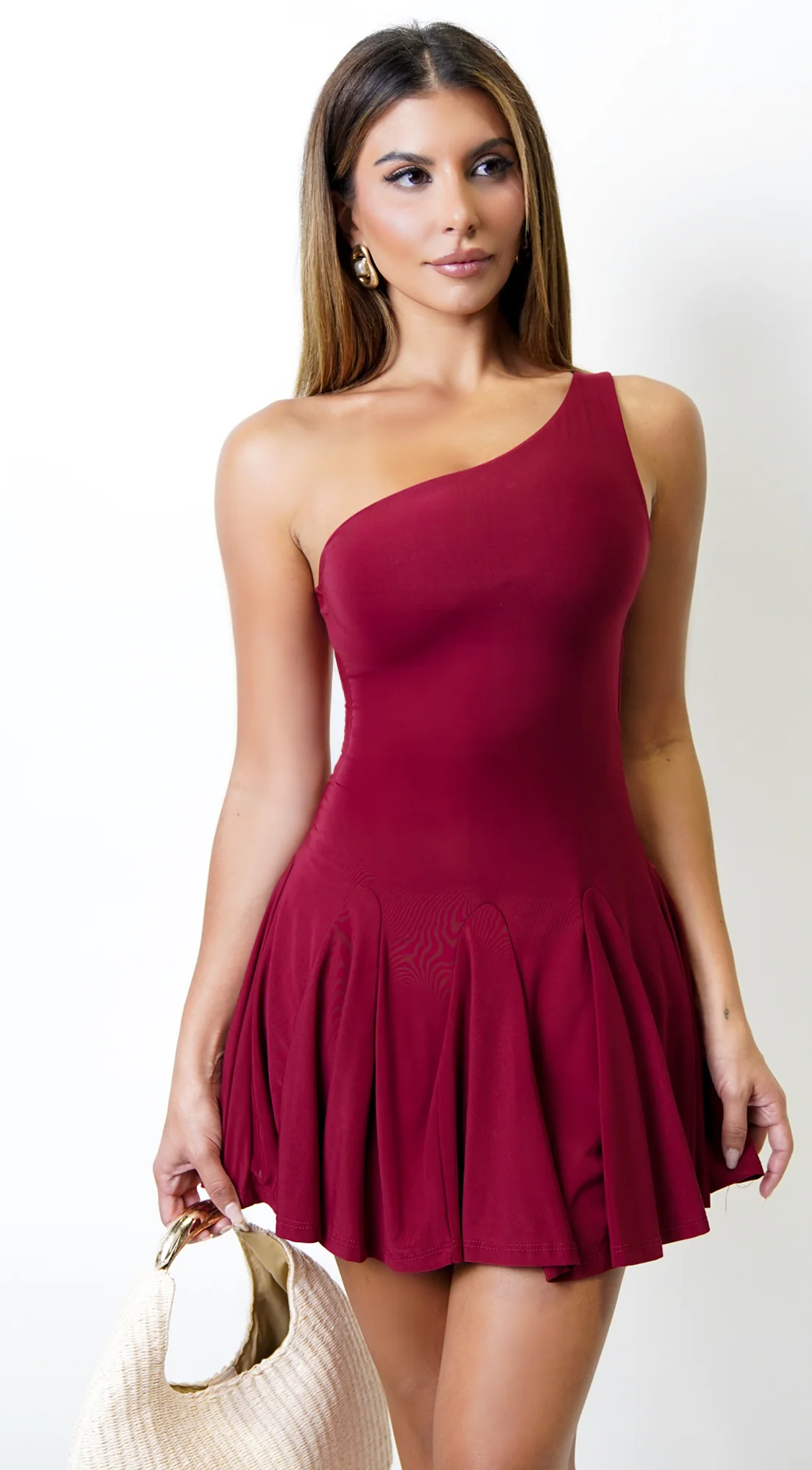 Midnight Hour One Shoulder Pleated Mini Dress - Burgundy - Image 3