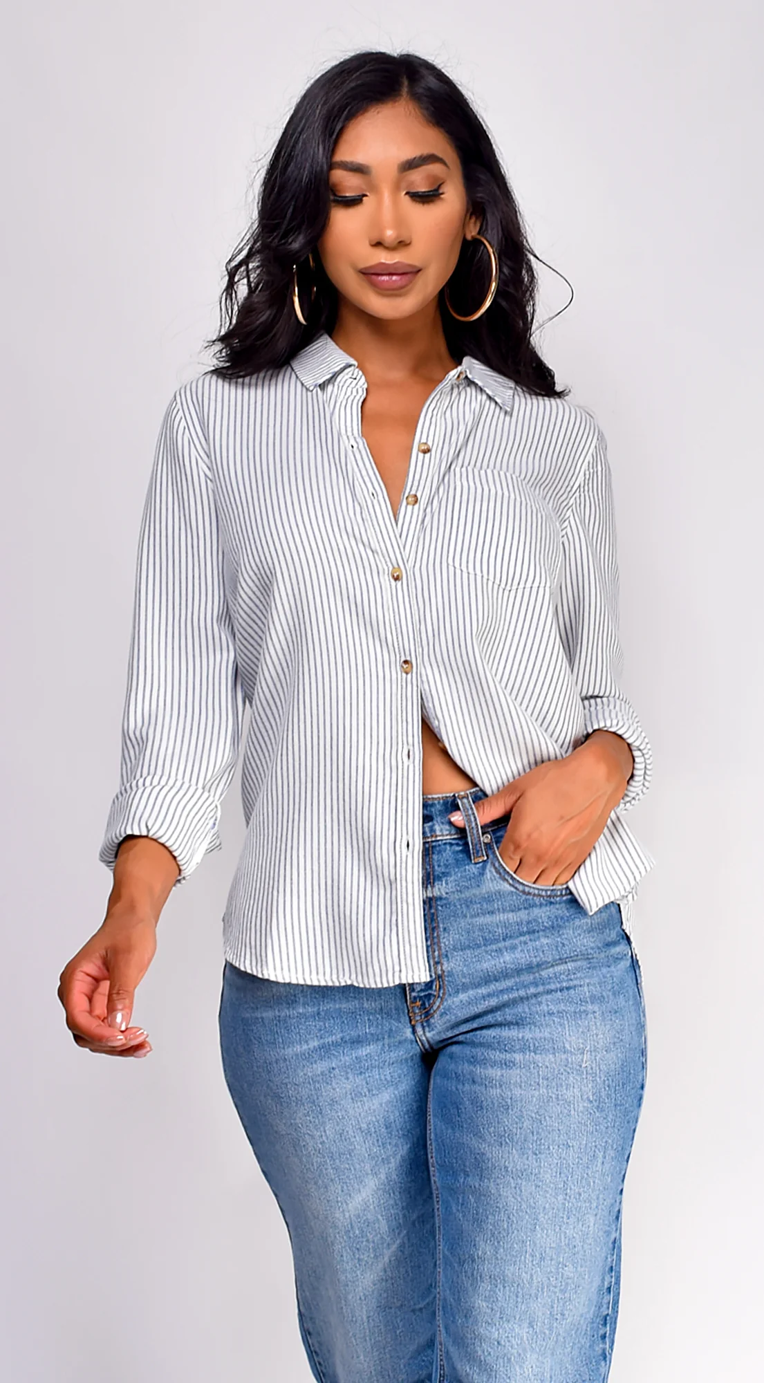 Nawal Pinstripe Button Down Shirt - Blue - Image 2