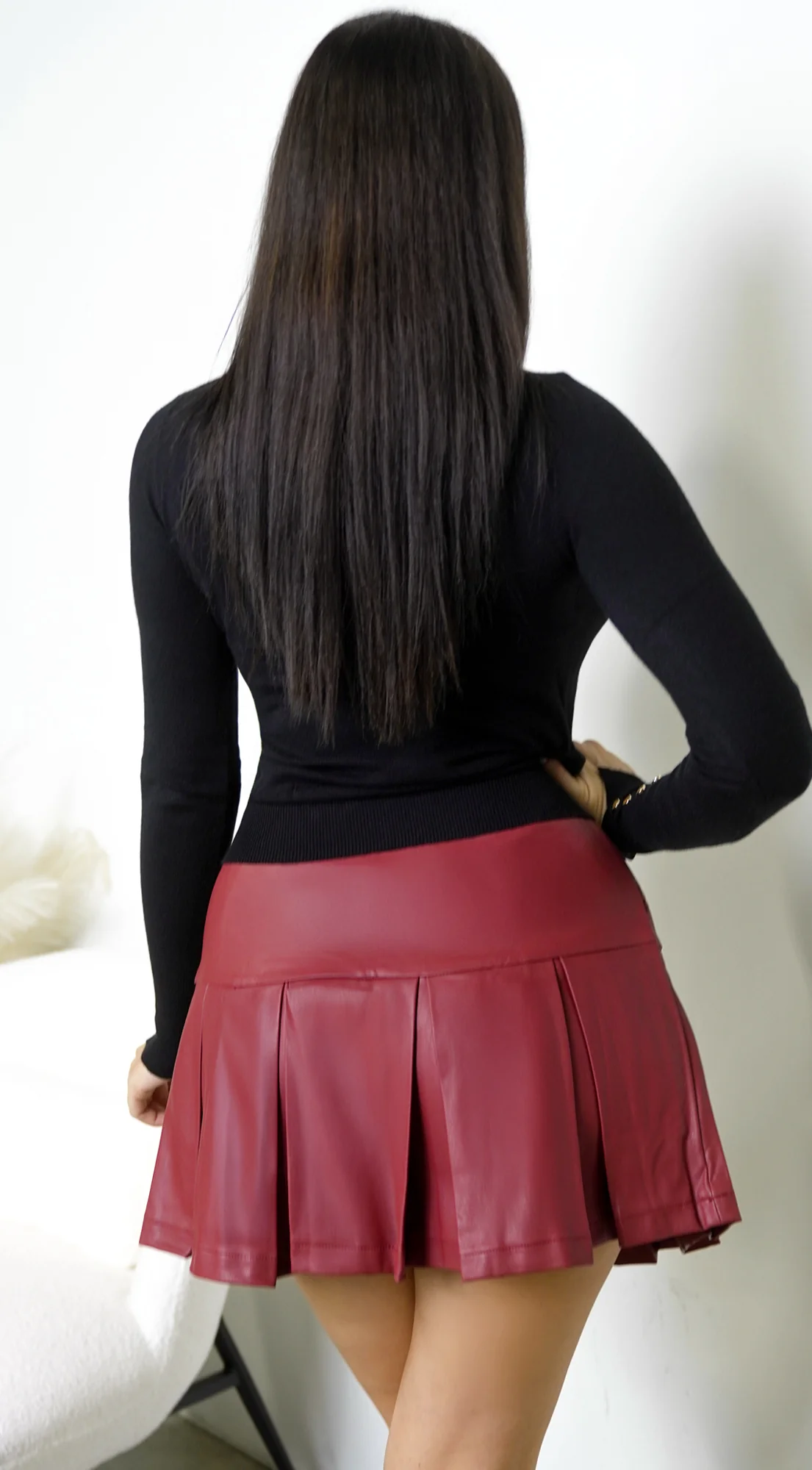 Nerix Pleated PU Leather Skirt - Brick Red - Image 2