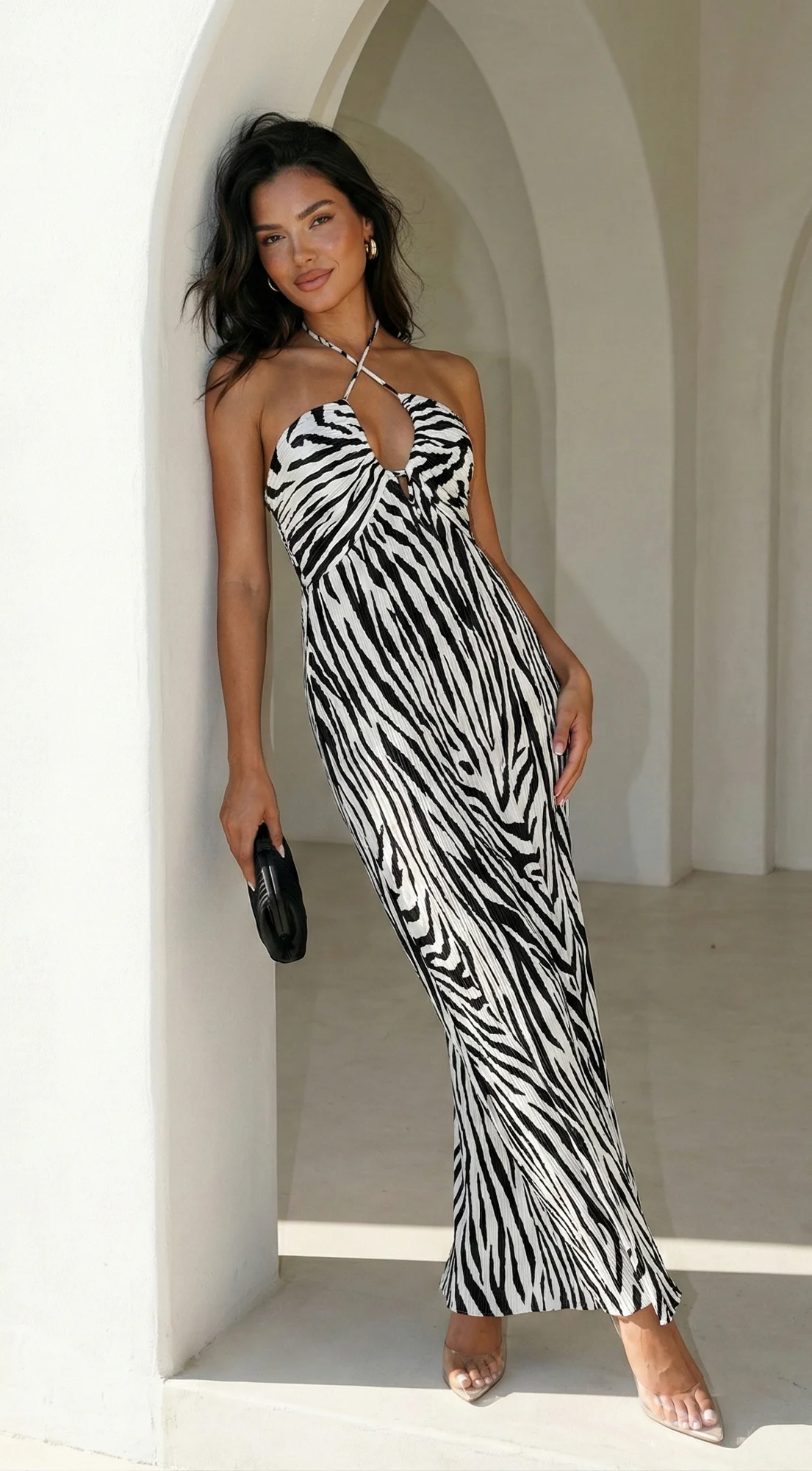 Noemiya Zebra Pleated Halter Maxi Dress - White - Image 6