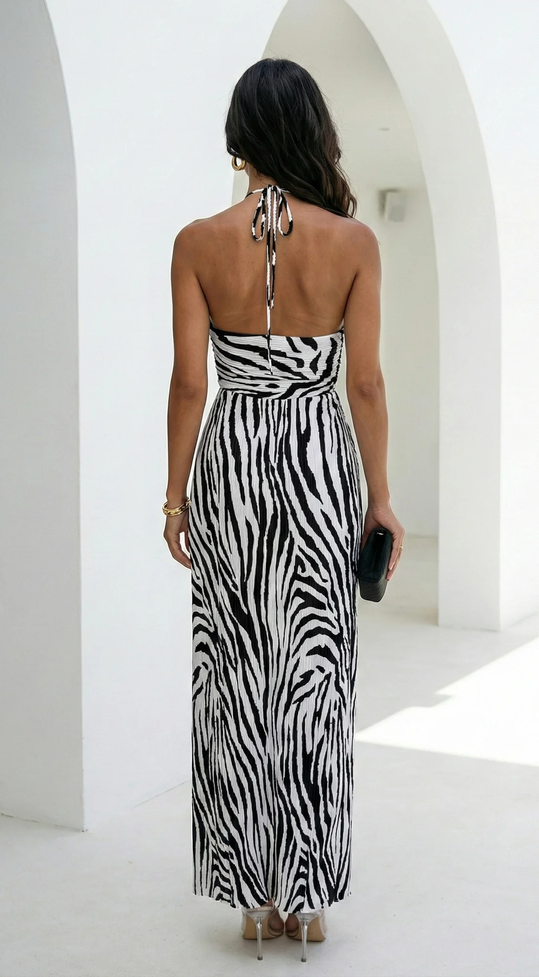 Noemiya Zebra Pleated Halter Maxi Dress - White - Image 7