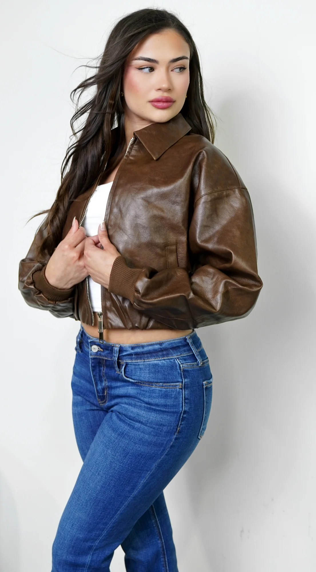 Nolair Bomber PU Leather Jacket - Brown - Image 6