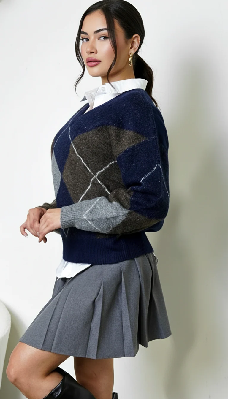 Noxley Argyle V Neck Long Sleeve Sweater - Navy - Image 2